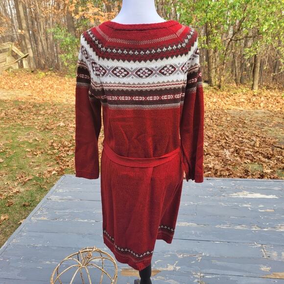 Massini Fair Isle Dark Red Maroon Sweater Dress Tunic Self Sash Belt size Large - Picture 5 of 13